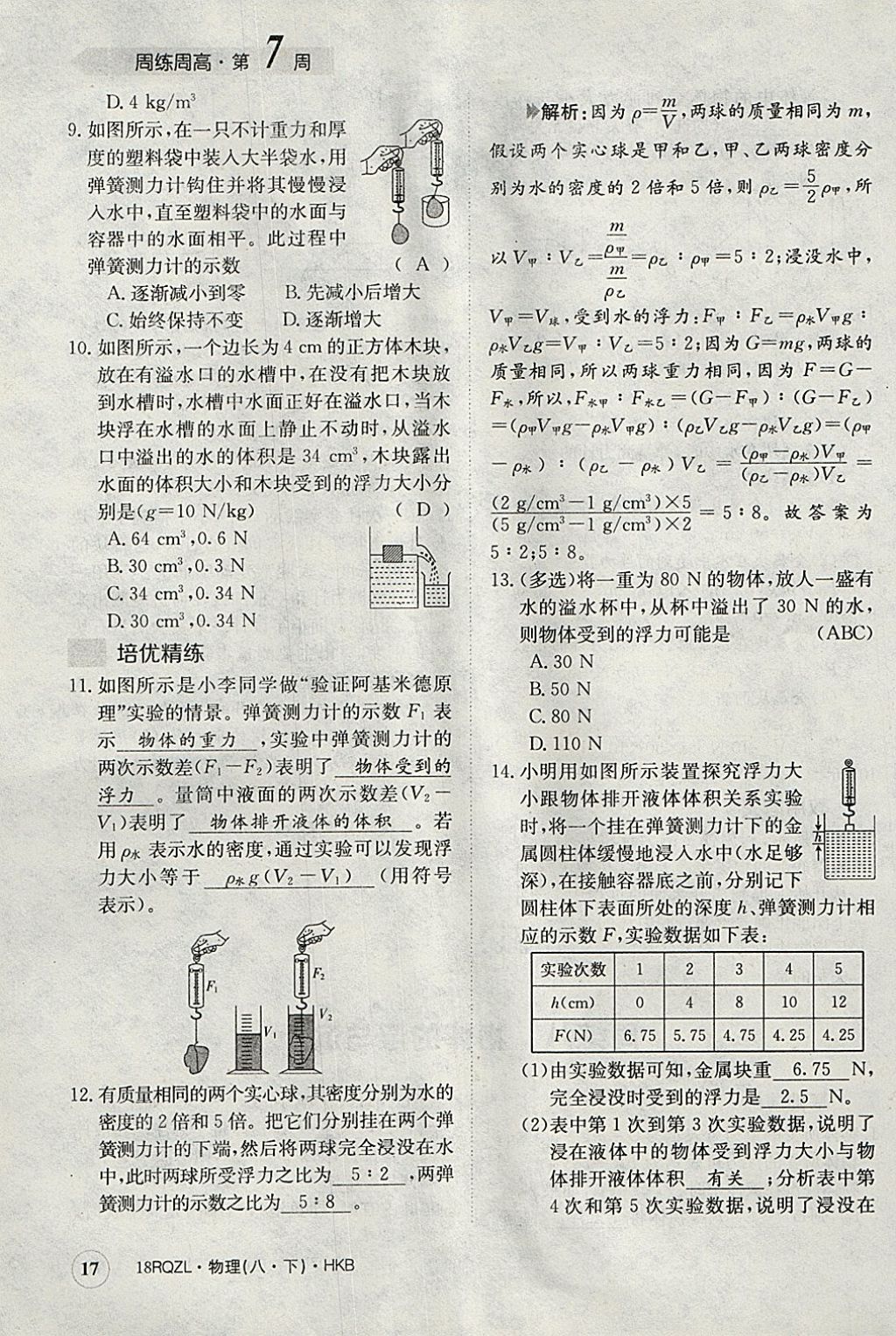 2018年日清周練限時(shí)提升卷八年級物理下冊滬科版 參考答案第17頁