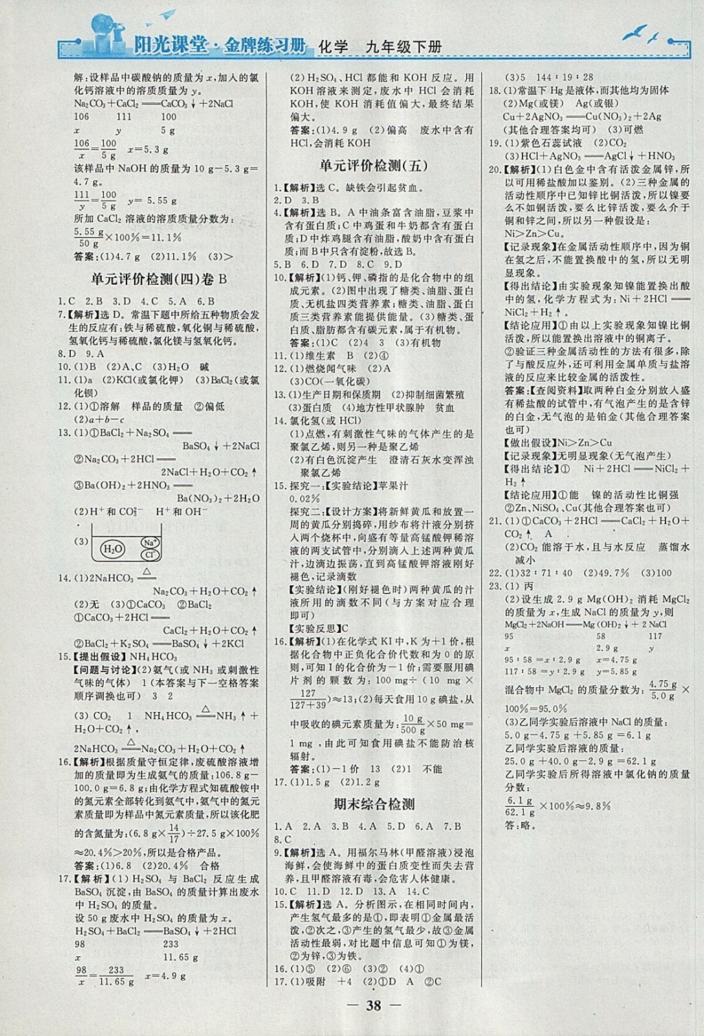 2018年阳光课堂金牌练习册九年级化学下册人教版 参考答案第14页