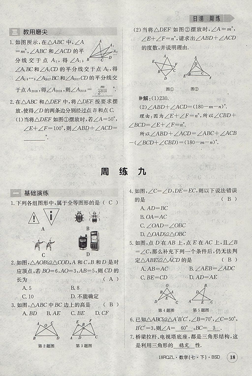 2018年日清周练限时提升卷七年级数学下册北师大版 参考答案第18页