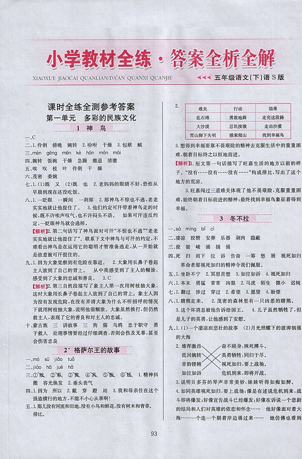 2018年小学教材全练五年级语文下册语文S版 参考答案第1页