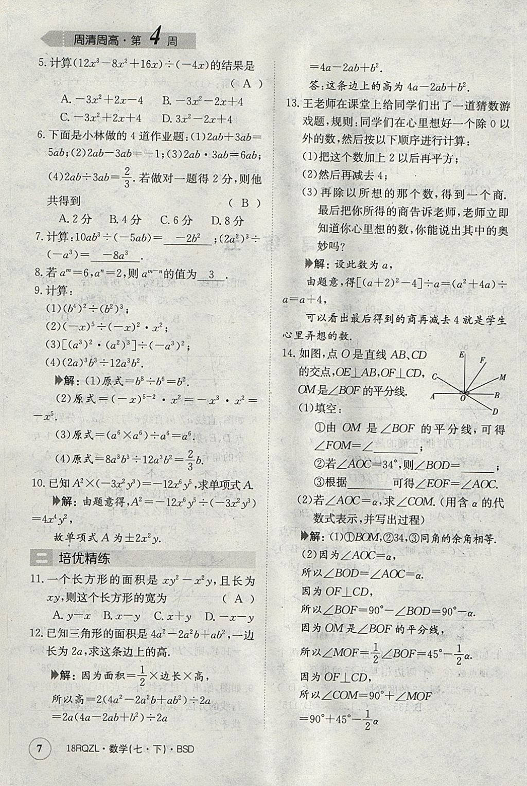 2018年日清周练限时提升卷七年级数学下册北师大版 参考答案第7页