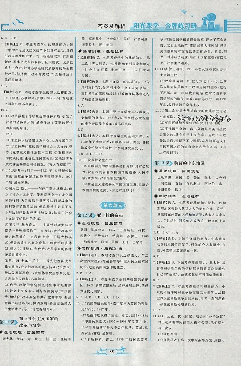 2018年陽光課堂金牌練習(xí)冊九年級世界歷史下冊人教版 參考答案第5頁