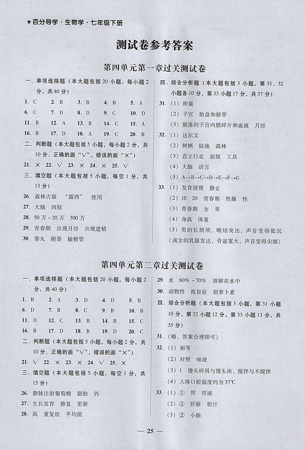 2018年百分导学七年级生物学下册人教版 参考答案第1页