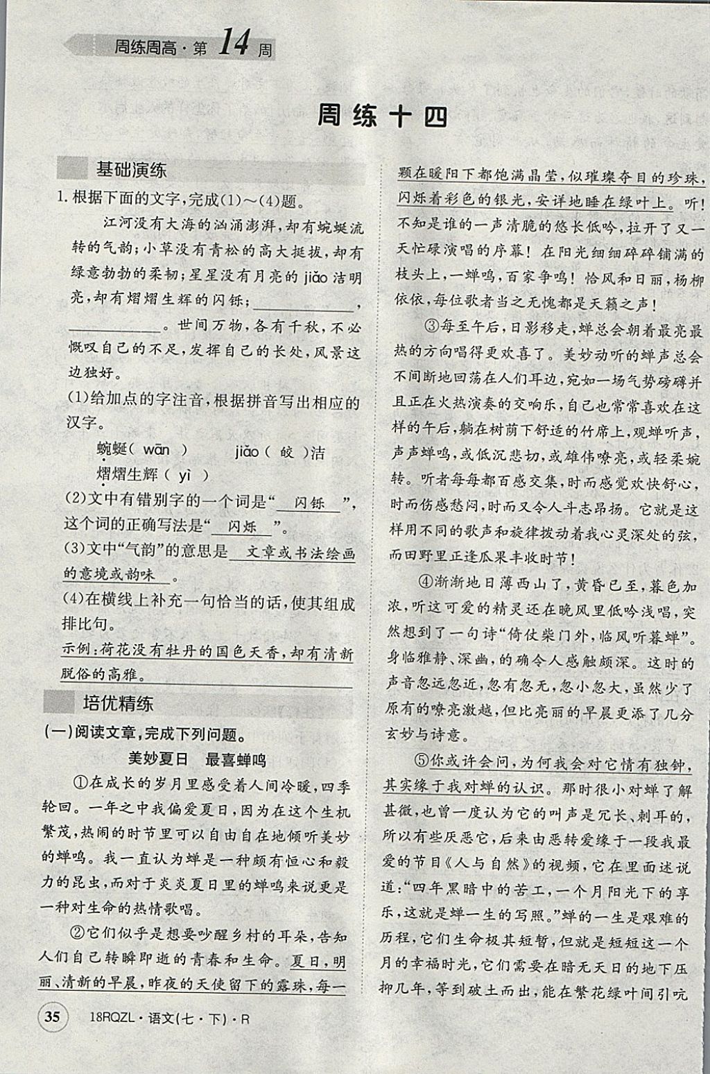 2018年日清周練限時提升卷七年級語文下冊人教版 參考答案第35頁