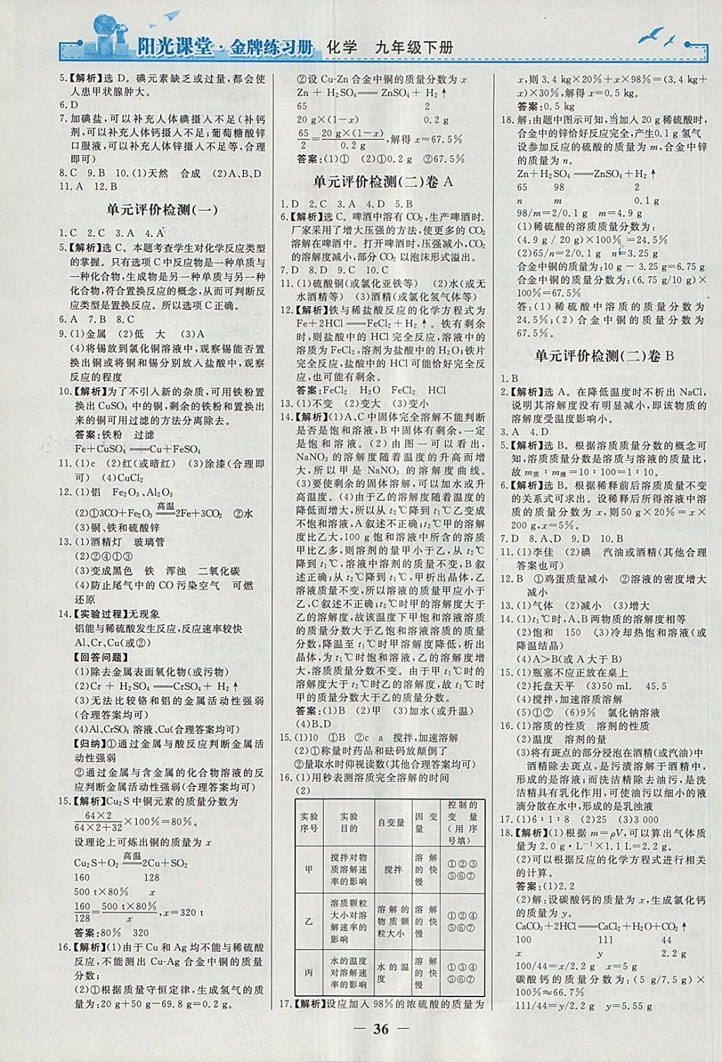 2018年阳光课堂金牌练习册九年级化学下册人教版 参考答案第12页