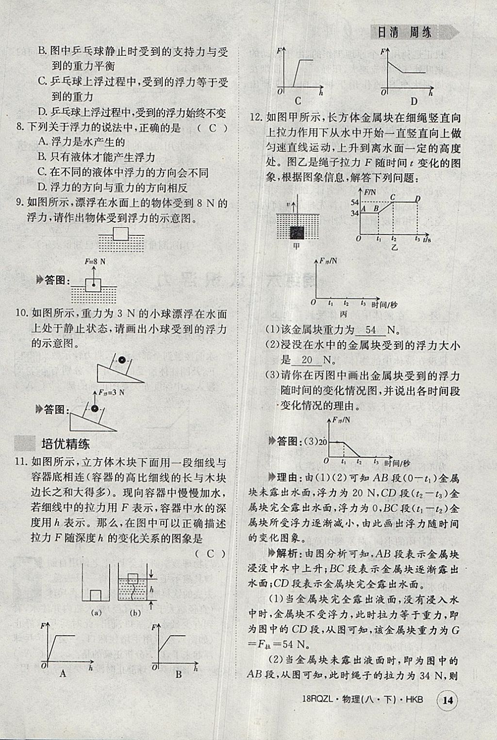 2018年日清周練限時提升卷八年級物理下冊滬科版 參考答案第14頁