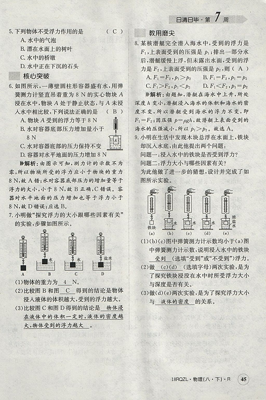 2018年日清周練限時(shí)提升卷八年級物理下冊人教版 參考答案第119頁