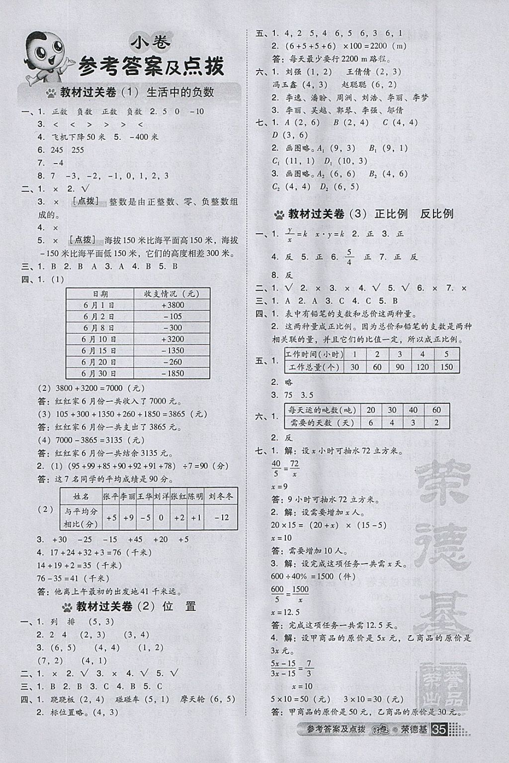 2018年好卷六年級數(shù)學(xué)下冊冀教版 參考答案第1頁