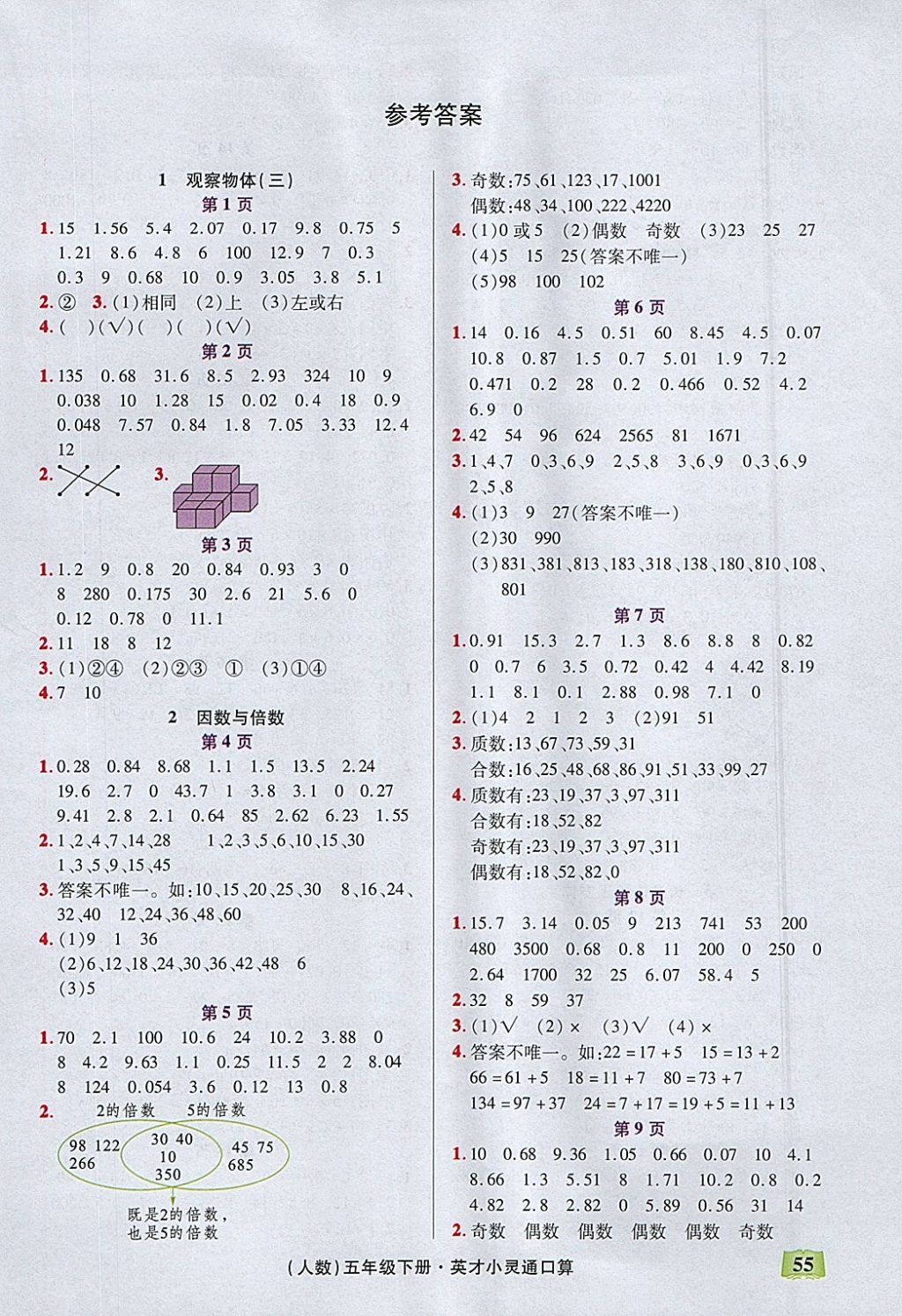 2018年口算心算速算英才小靈通快速反應(yīng)能力訓(xùn)練五年級(jí)下冊人教版 參考答案第1頁