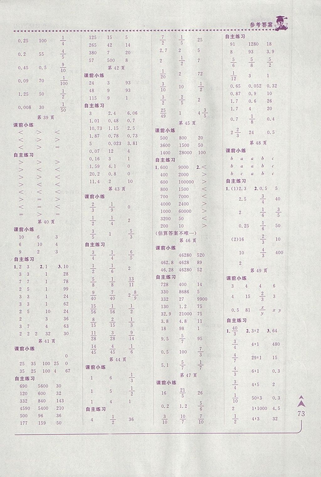 2018年黄冈小状元口算速算练习册六年级数学下册人教版 参考答案第4页