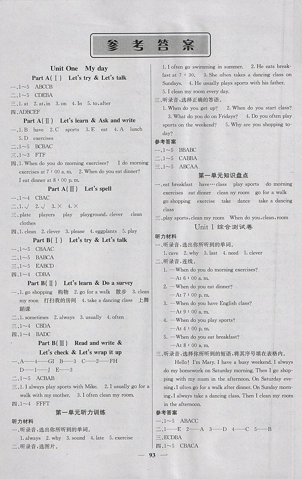 2018年課堂點睛五年級英語下冊人教版 參考答案第1頁