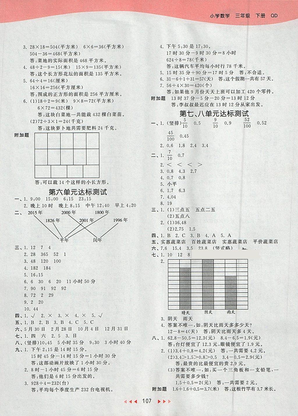 2018年53天天练小学数学三年级下册青岛版 参考答案第15页