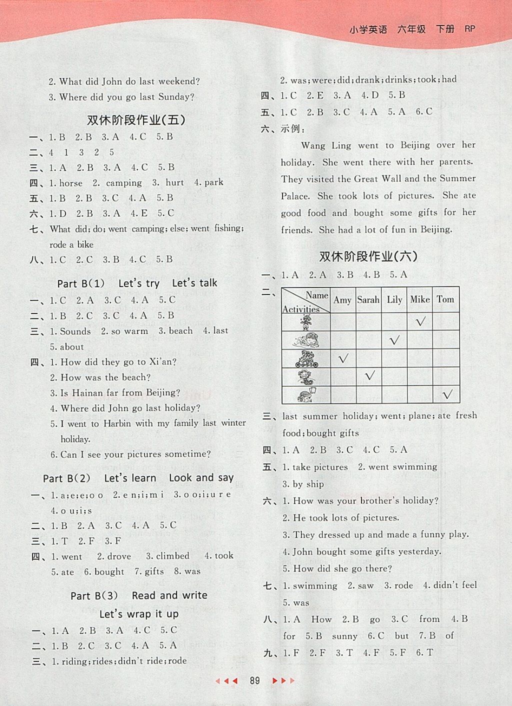 2018年53天天练小学英语六年级下册人教PEP版 参考答案第5页