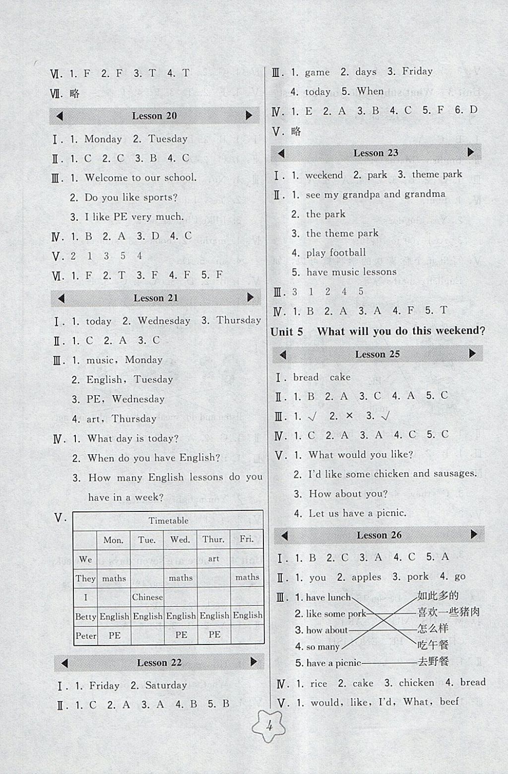 2018年北大綠卡四年級(jí)英語下冊(cè)人教精通版 參考答案第4頁