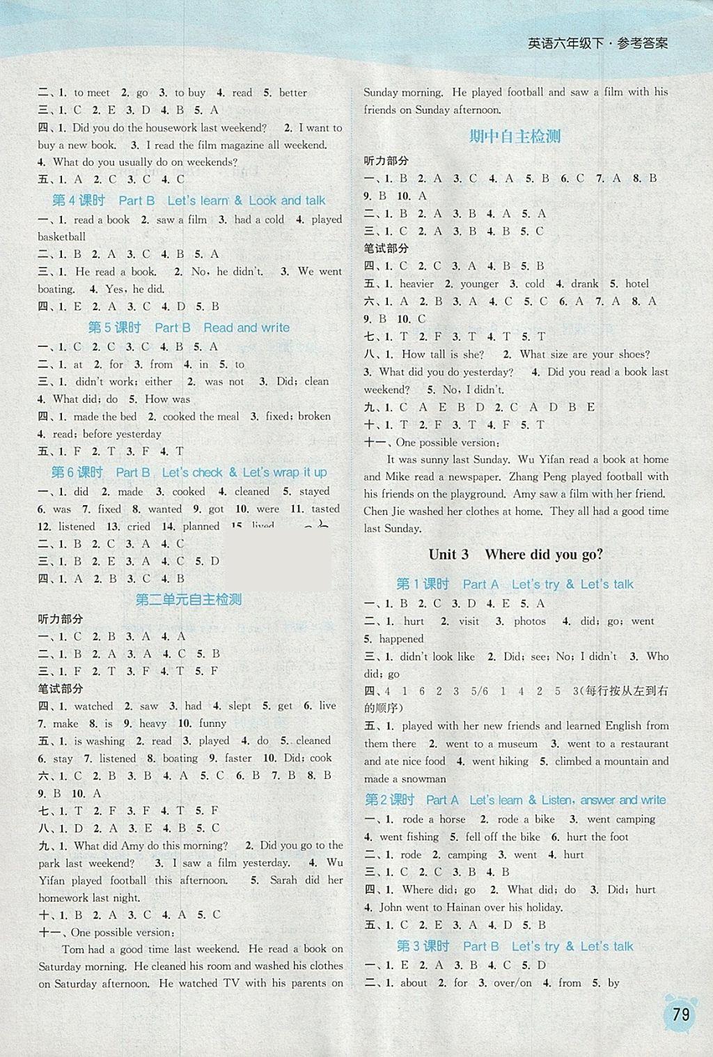 2018年通城學典課時作業(yè)本六年級英語下冊人教PEP版 參考答案第5頁