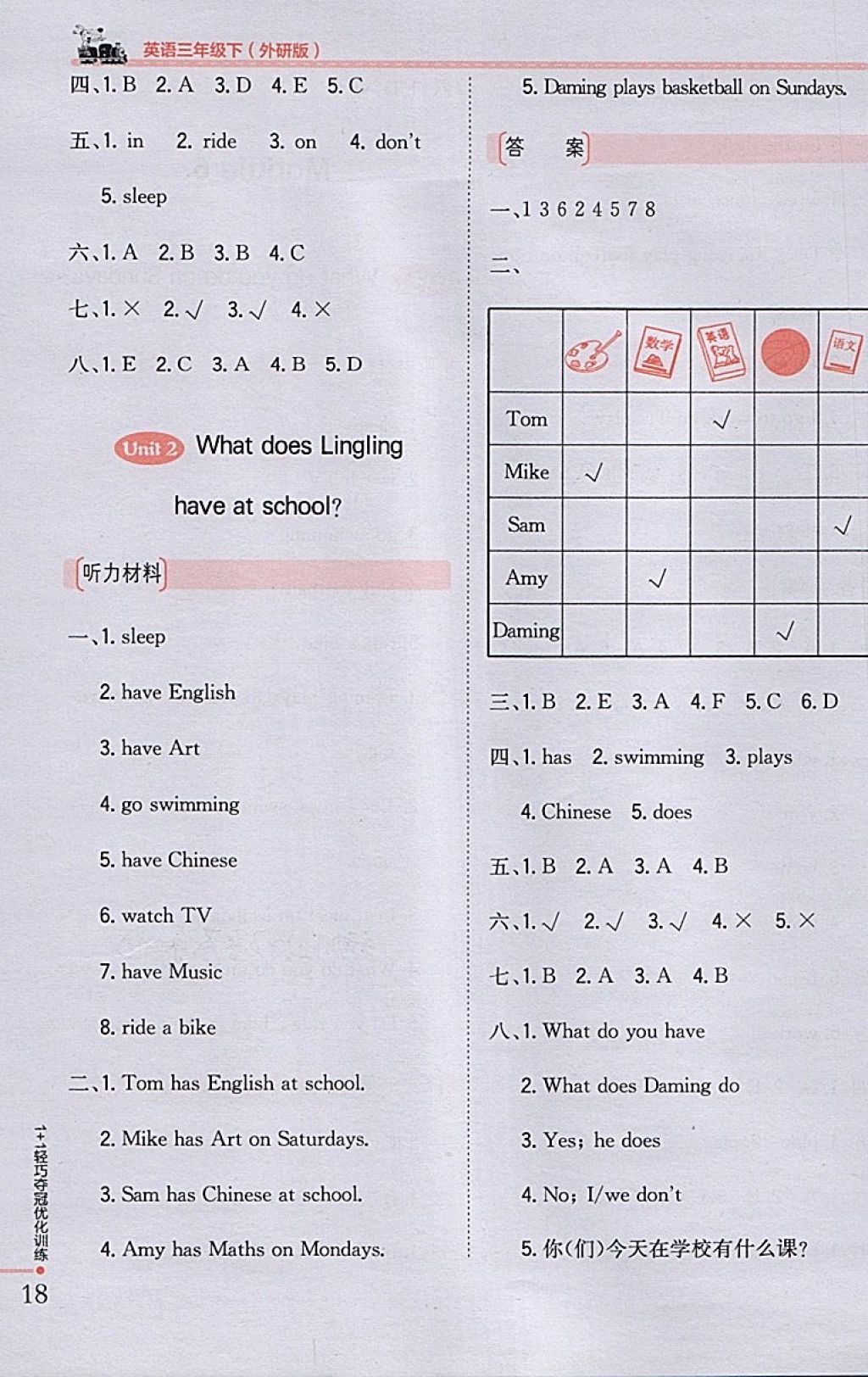 2018年1加1轻巧夺冠优化训练三年级英语下册外研版银版 参考答案第7页