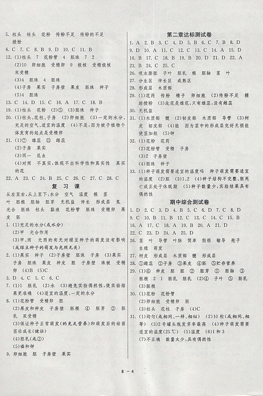 2018年1课3练单元达标测试六年级生物学下册鲁科版五四制 参考答案第4页