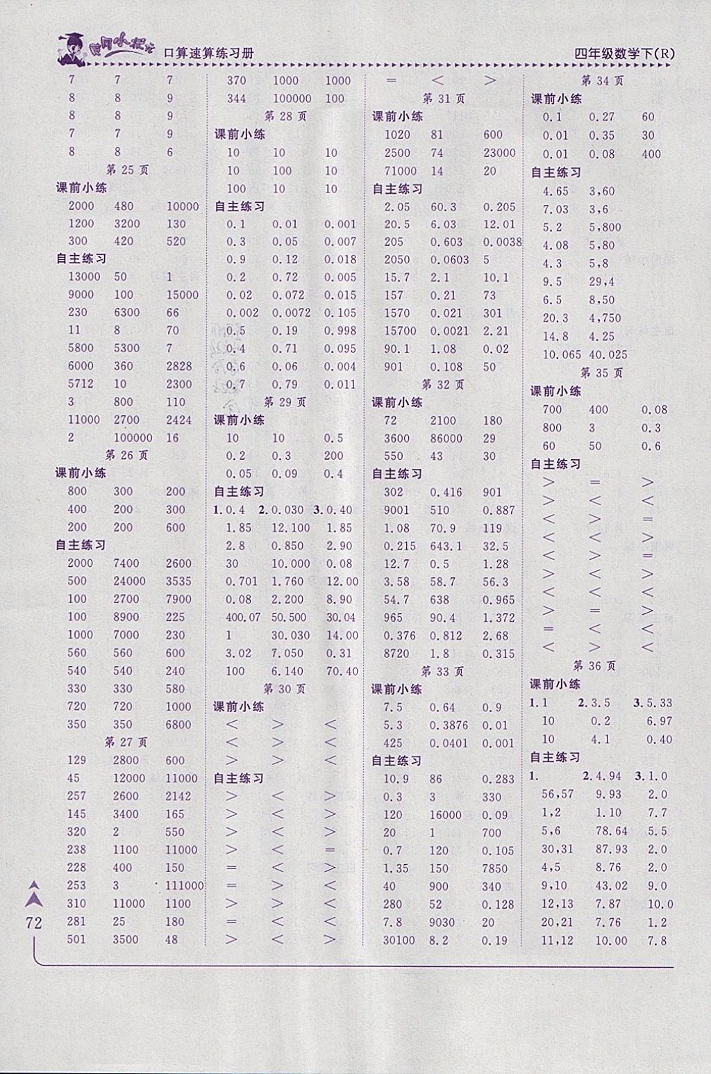 2018年黃岡小狀元口算速算練習(xí)冊(cè)四年級(jí)數(shù)學(xué)下冊(cè)人教版 參考答案第4頁(yè)