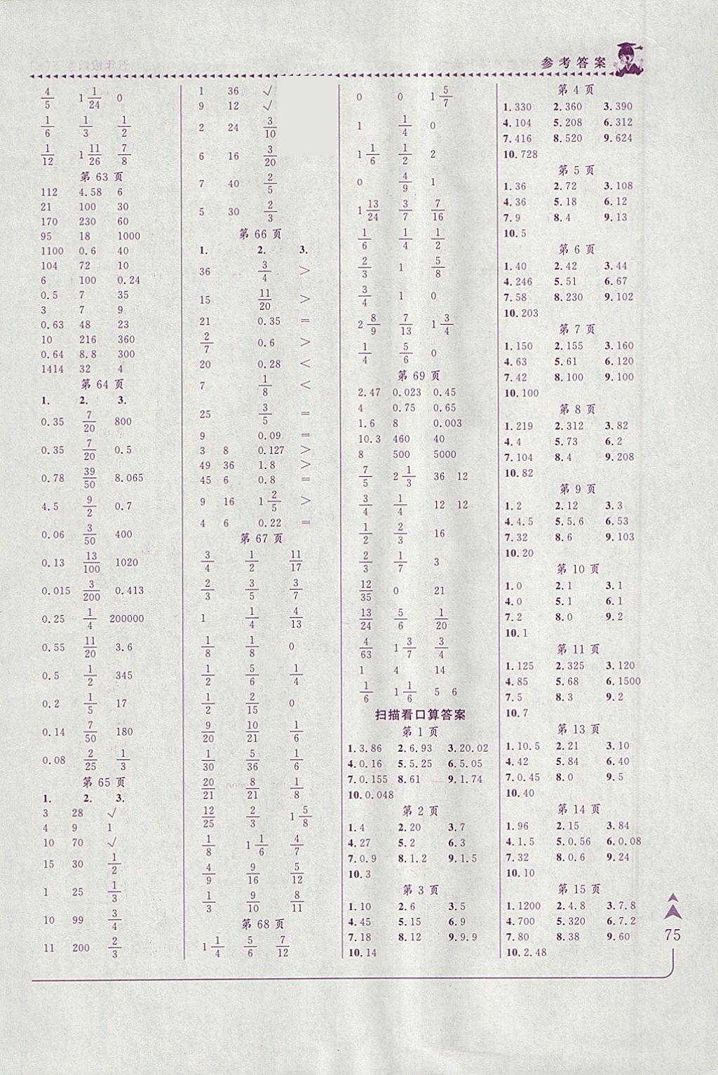 2018年黃岡小狀元口算速算練習(xí)冊(cè)五年級(jí)數(shù)學(xué)下冊(cè)人教版 參考答案第6頁(yè)