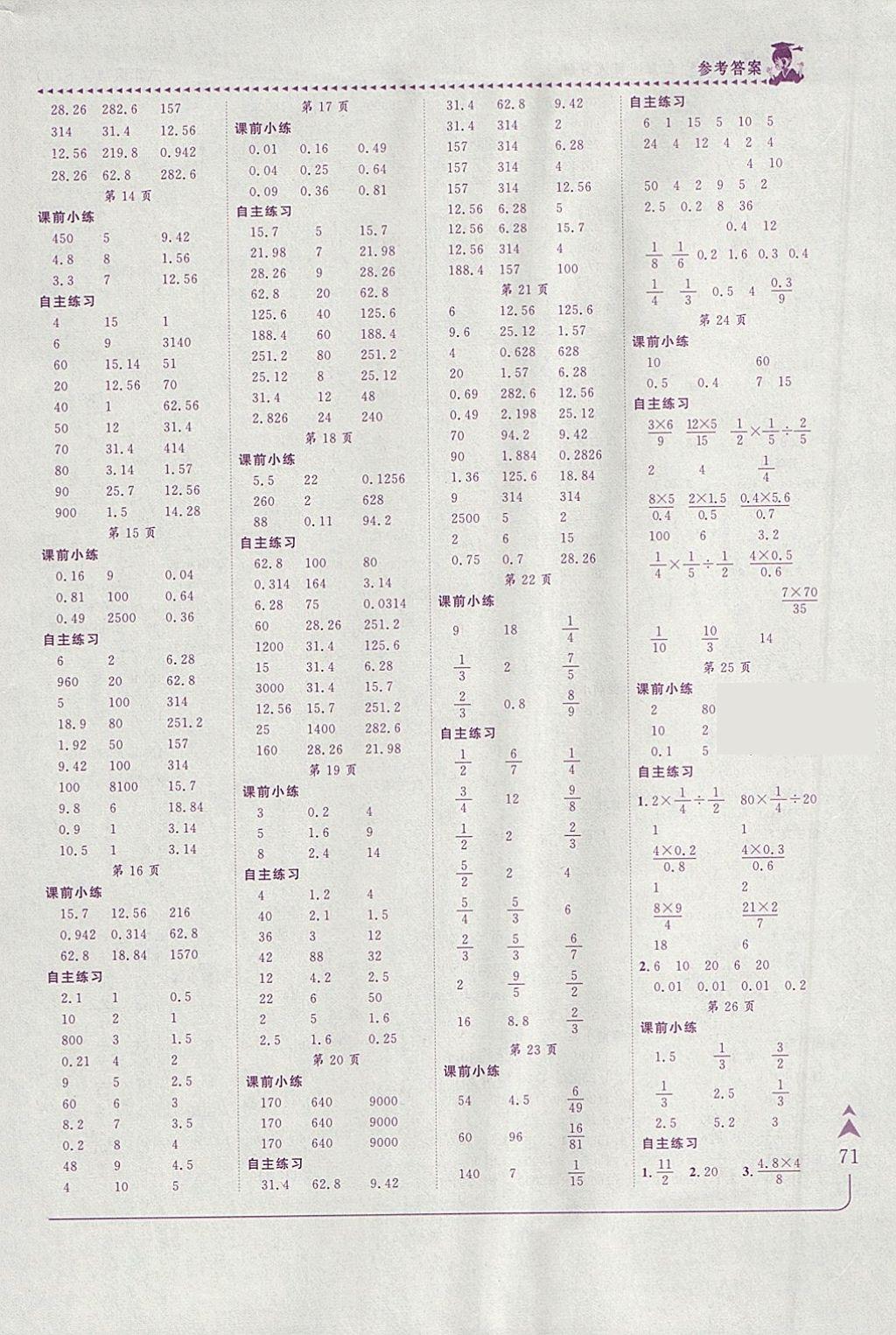 2018年黄冈小状元口算速算练习册六年级数学下册人教版 参考答案第2页