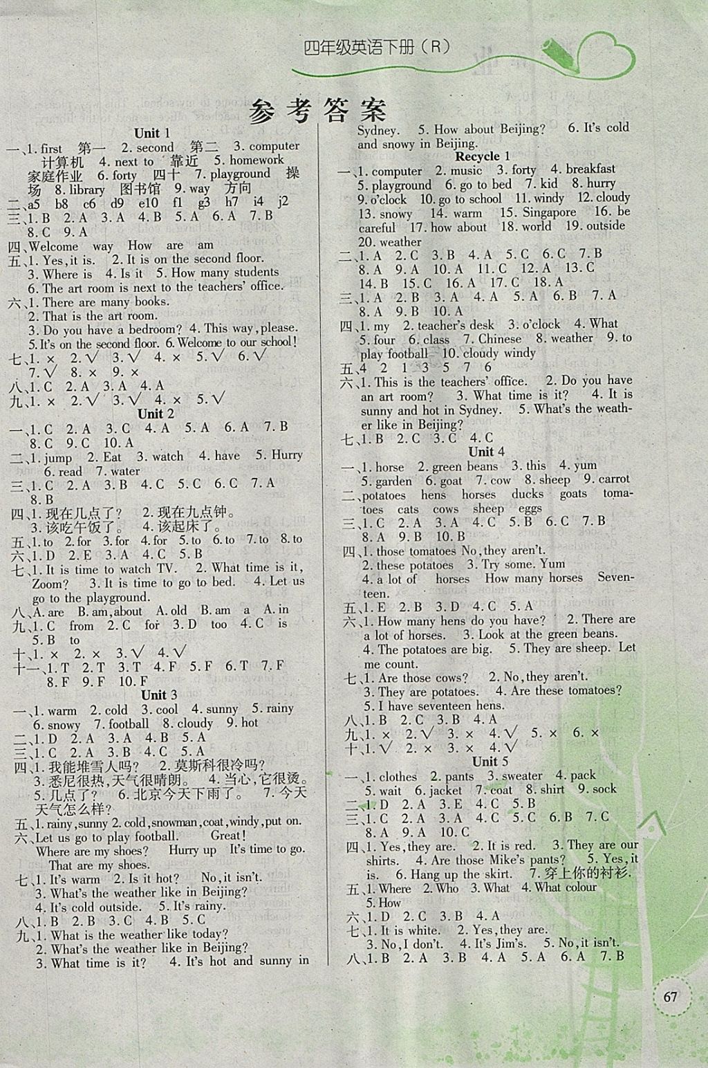 2018年課堂作業(yè)課時訓(xùn)練四年級英語下冊人教版 參考答案第1頁