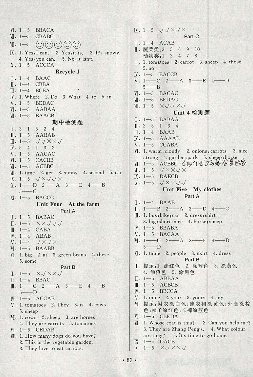 2018年同行課課100分過關(guān)作業(yè)四年級英語下冊人教PEP版 參考答案第6頁