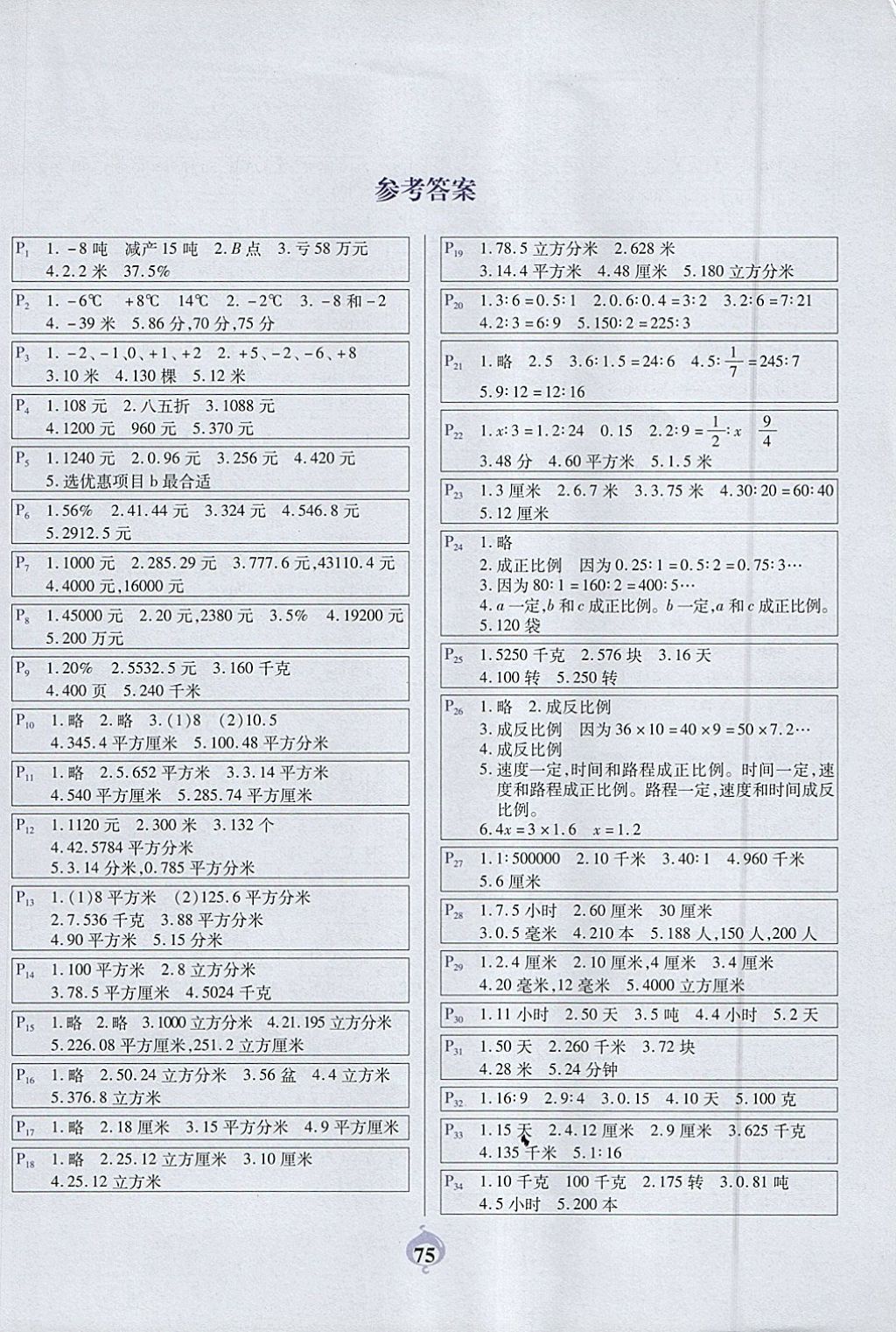 2018年計(jì)算小能手應(yīng)用題卡六年級下冊人教版 參考答案第1頁