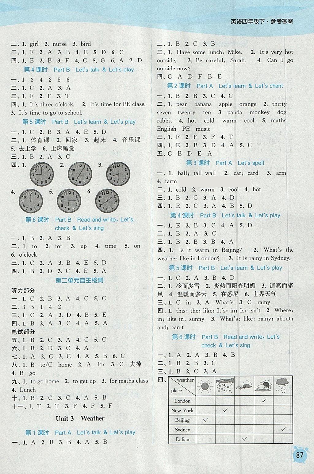 2018年通城学典课时作业本四年级英语下册人教PEP版 参考答案第7页