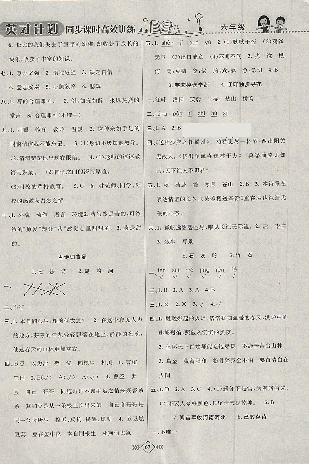 2018年英才計劃同步課時高效訓練六年級語文下冊人教版 參考答案第13頁