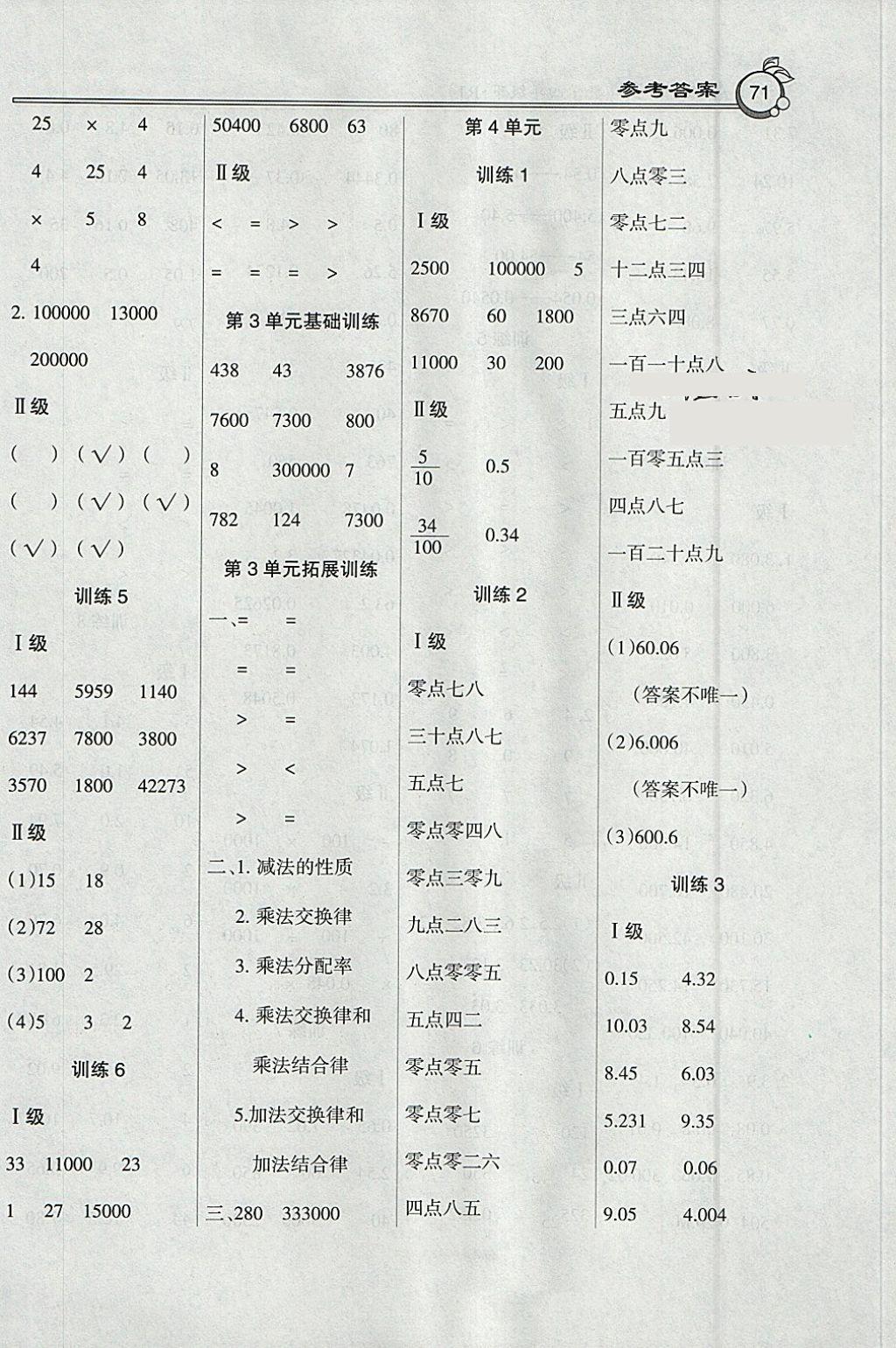 2018年小学数学A级口算四年级下册人教版 参考答案第3页