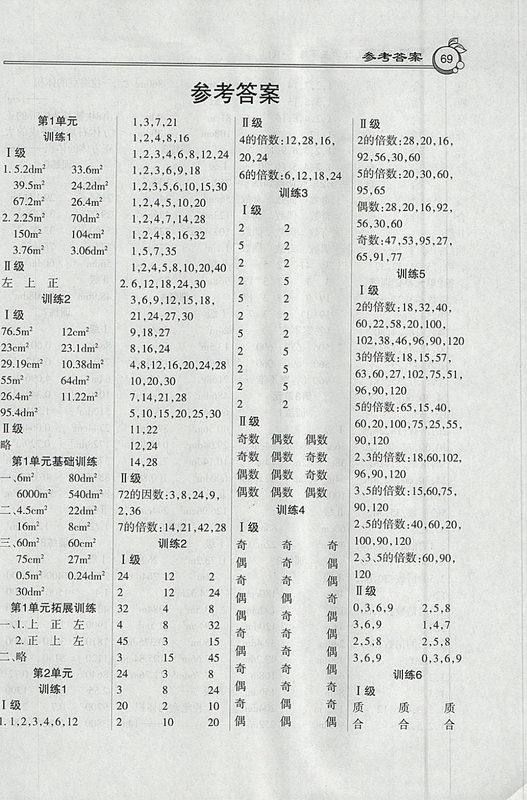 2018年小学数学A级口算五年级下册人教版 参考答案第1页