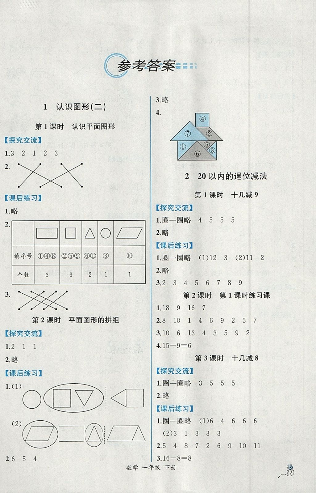 2018年同步导学案课时练一年级数学下册人教版 参考答案第1页