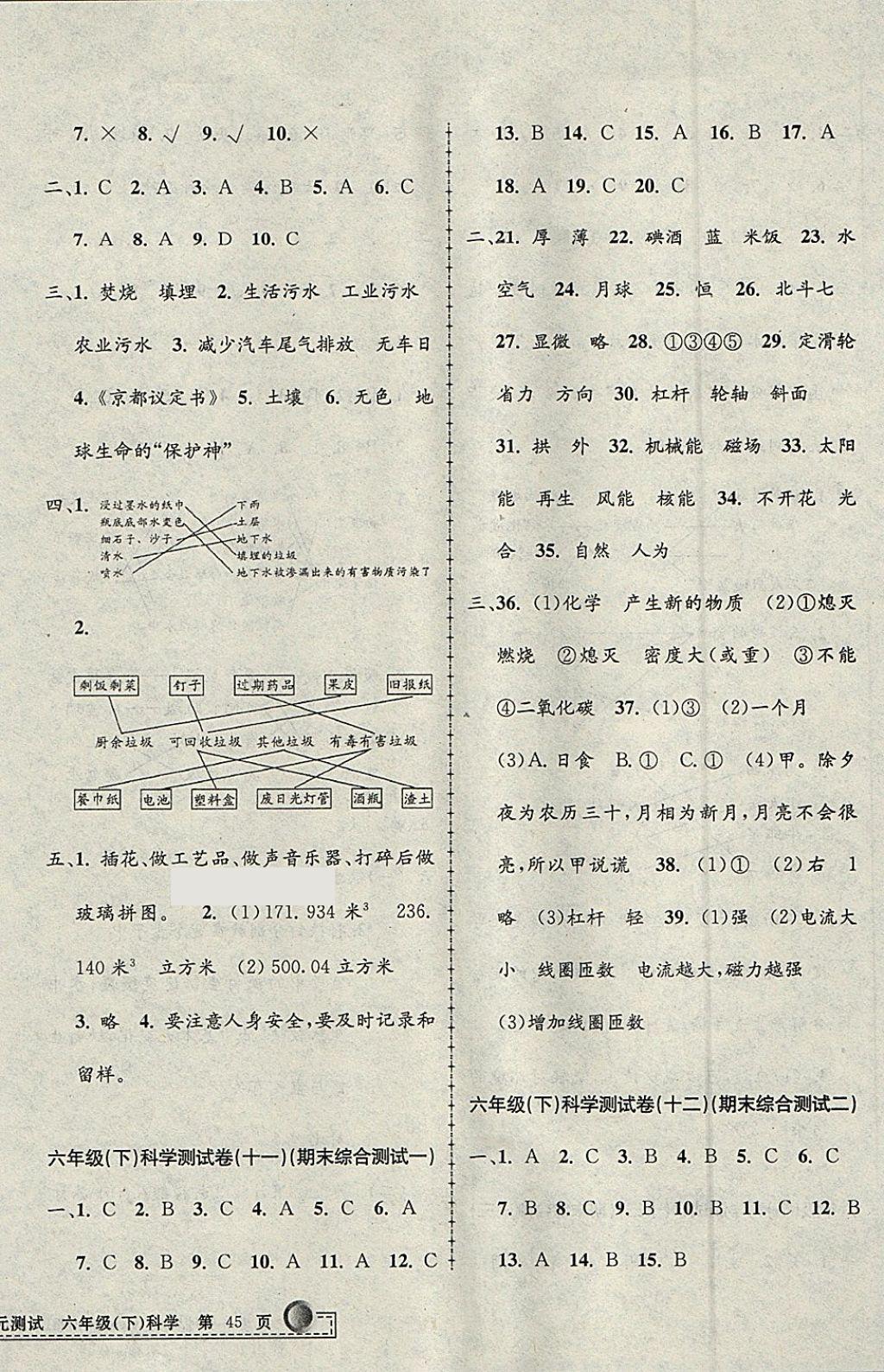 2018年孟建平小學單元測試六年級科學下冊教科版 參考答案第6頁