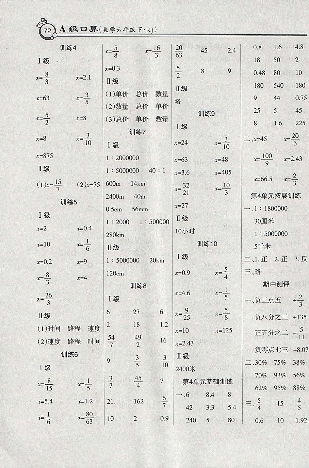 2018年小学数学A级口算六年级下册人教版 参考答案第4页