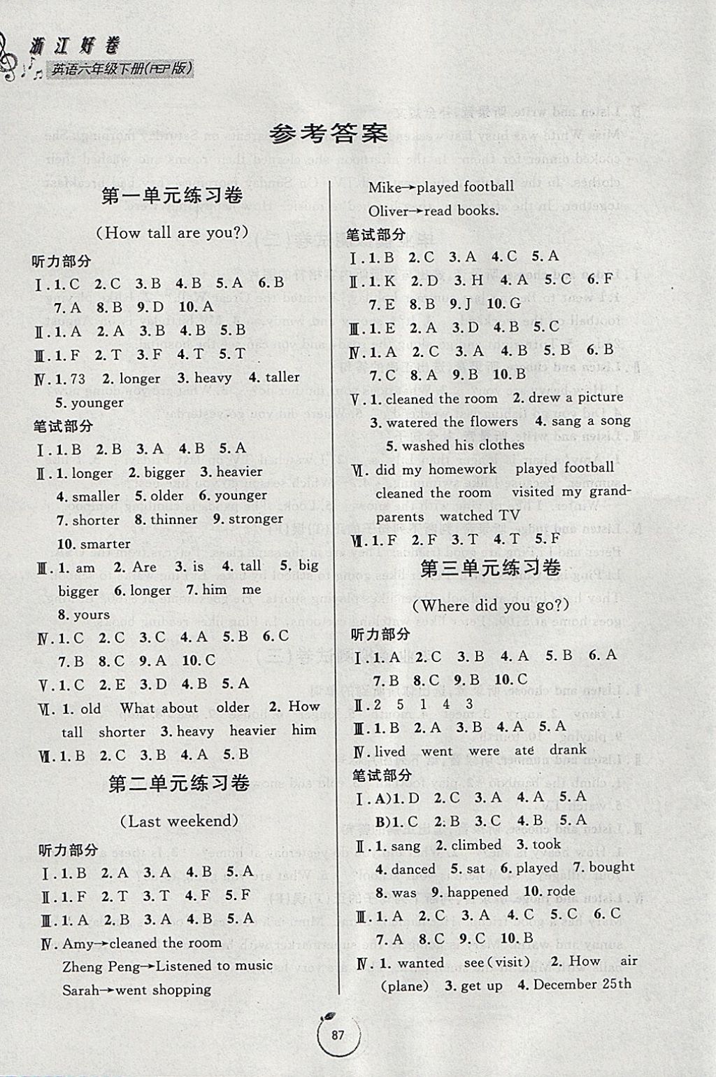 2018年浙江好卷六年級英語下冊人教PEP版 參考答案第7頁