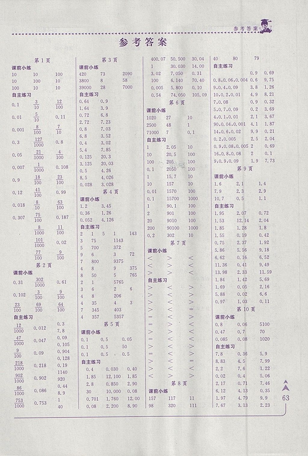 2018年黄冈小状元口算速算练习册四年级数学下册北师大版 参考答案第1页