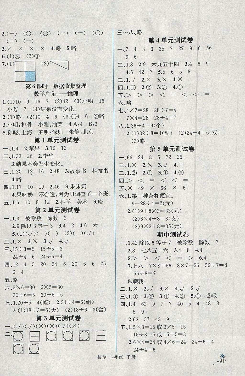 2018年同步导学案课时练二年级数学下册人教版 参考答案第7页