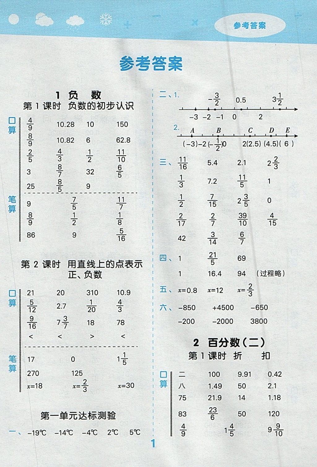 2018年小學(xué)口算大通關(guān)六年級數(shù)學(xué)下冊人教版 參考答案第1頁