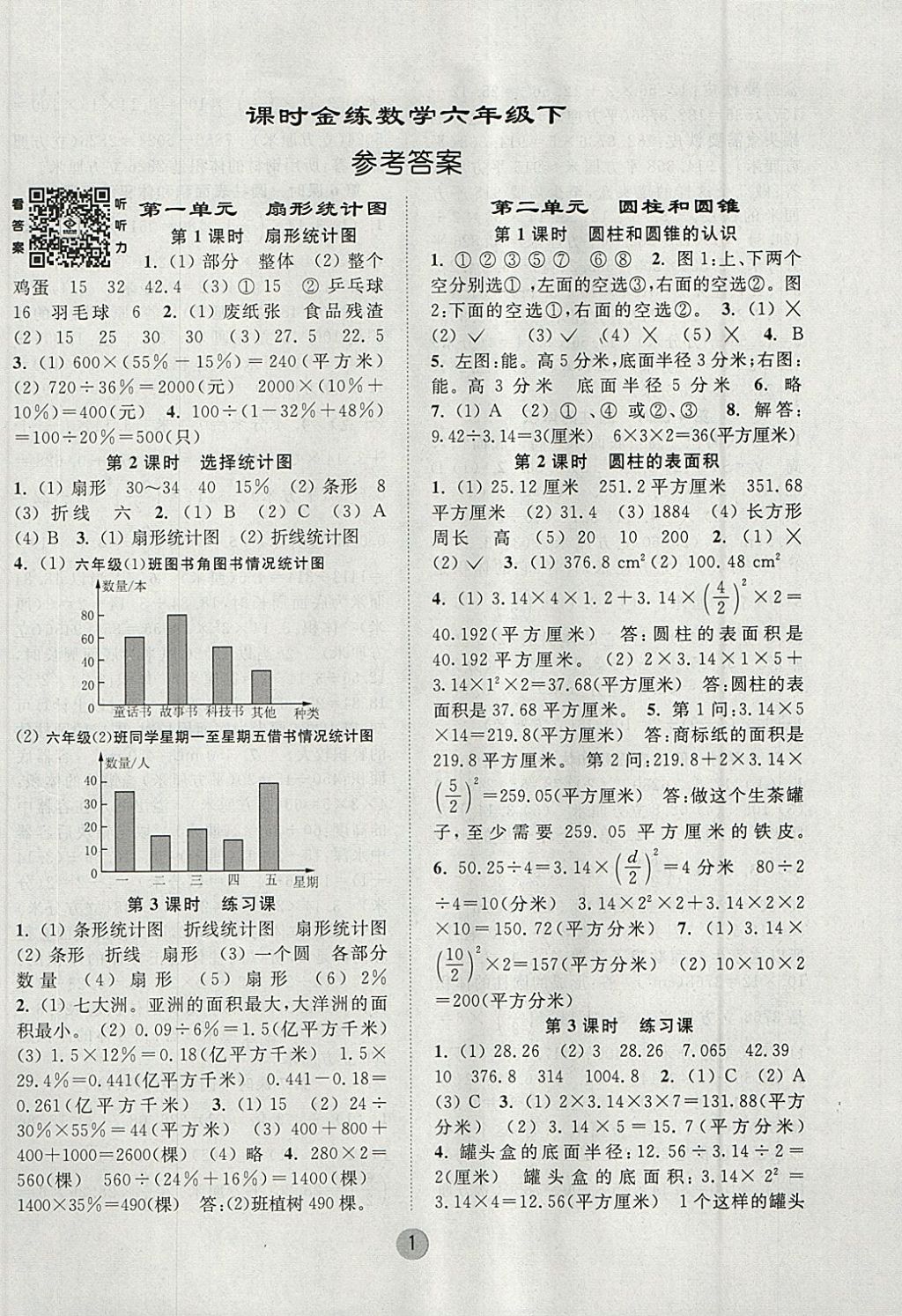 2018年課時金練六年級數(shù)學下冊江蘇版 參考答案第1頁