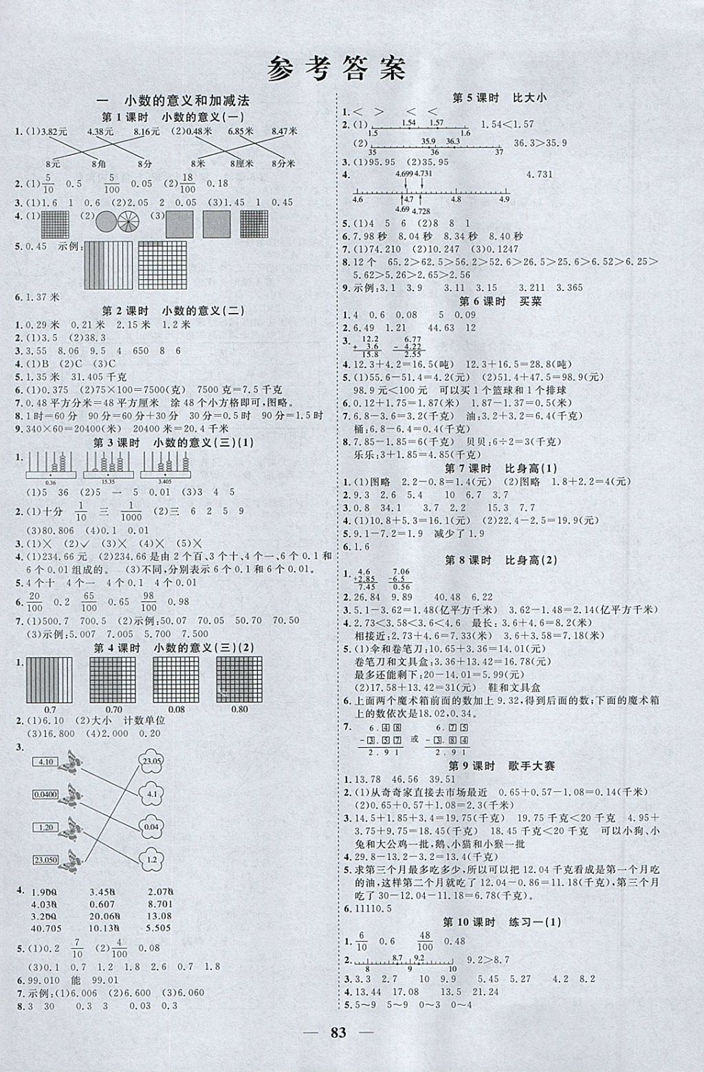 2018年阳光同学课时优化作业四年级数学下册北师大版 参考答案第1页