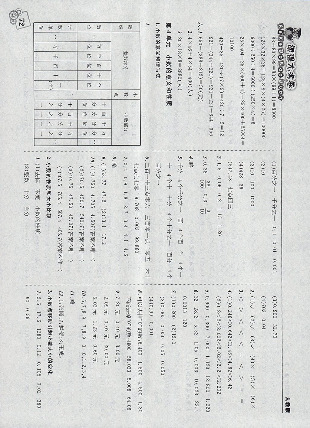 2018年北大綠卡課課大考卷四年級(jí)數(shù)學(xué)下冊(cè)人教版 參考答案第4頁(yè)