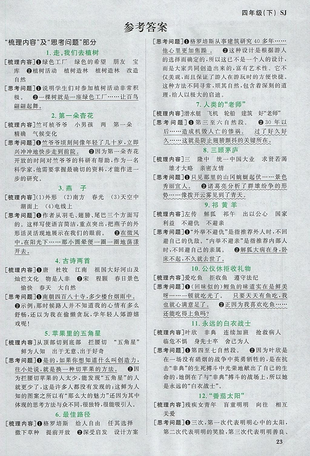 2018年陽(yáng)光同學(xué)課時(shí)優(yōu)化作業(yè)四年級(jí)語(yǔ)文下冊(cè)蘇教版 參考答案第11頁(yè)