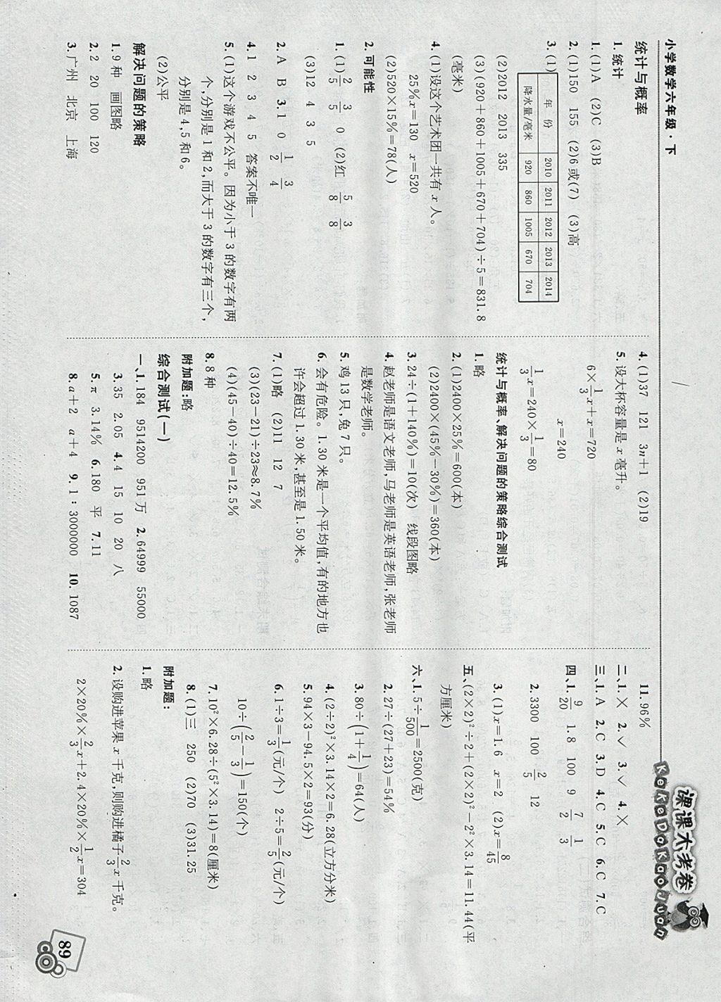 2018年北大绿卡课课大考卷六年级数学下册北师大版 参考答案第9页