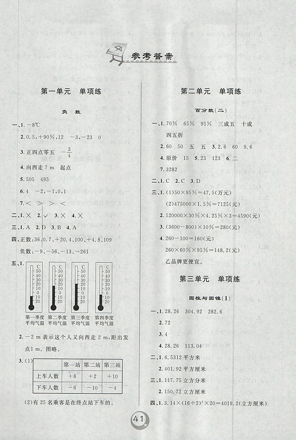 2018年悅?cè)缓脤W(xué)生單元練六年級數(shù)學(xué)下冊人教版 參考答案第1頁