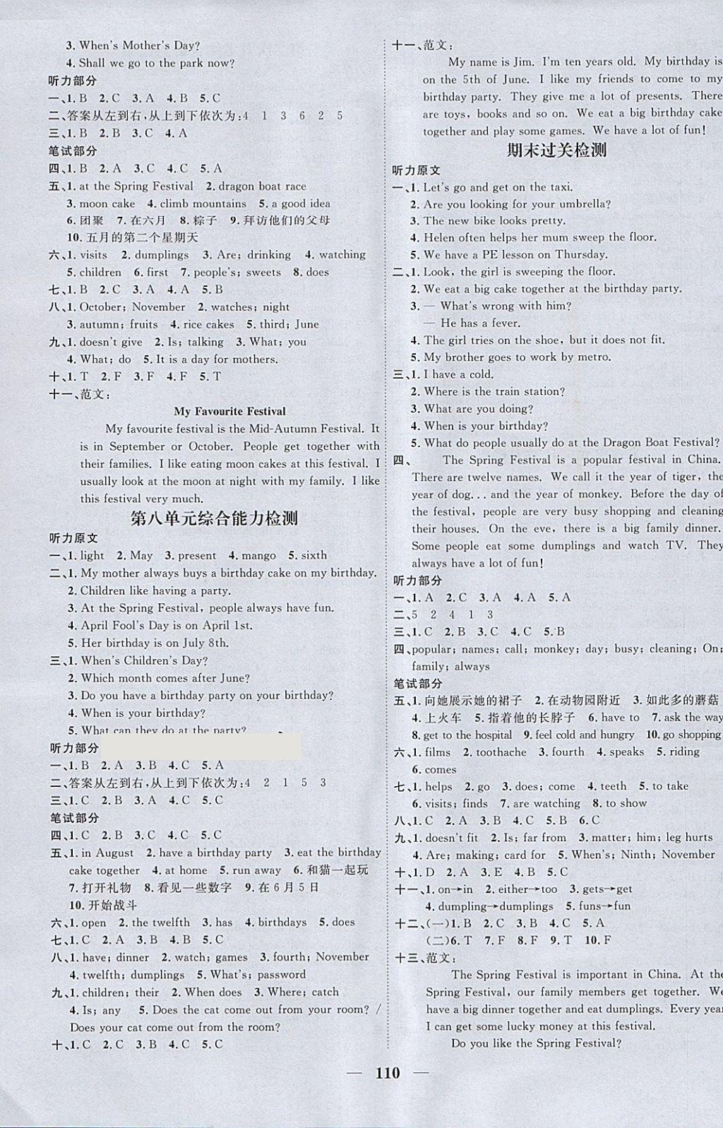 2018年阳光同学课时优化作业五年级英语下册译林版江苏专用 参考答案第8页