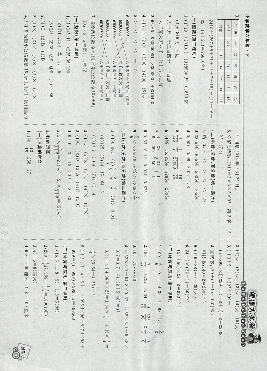 2018年北大绿卡课课大考卷六年级数学下册北师大版 参考答案第5页