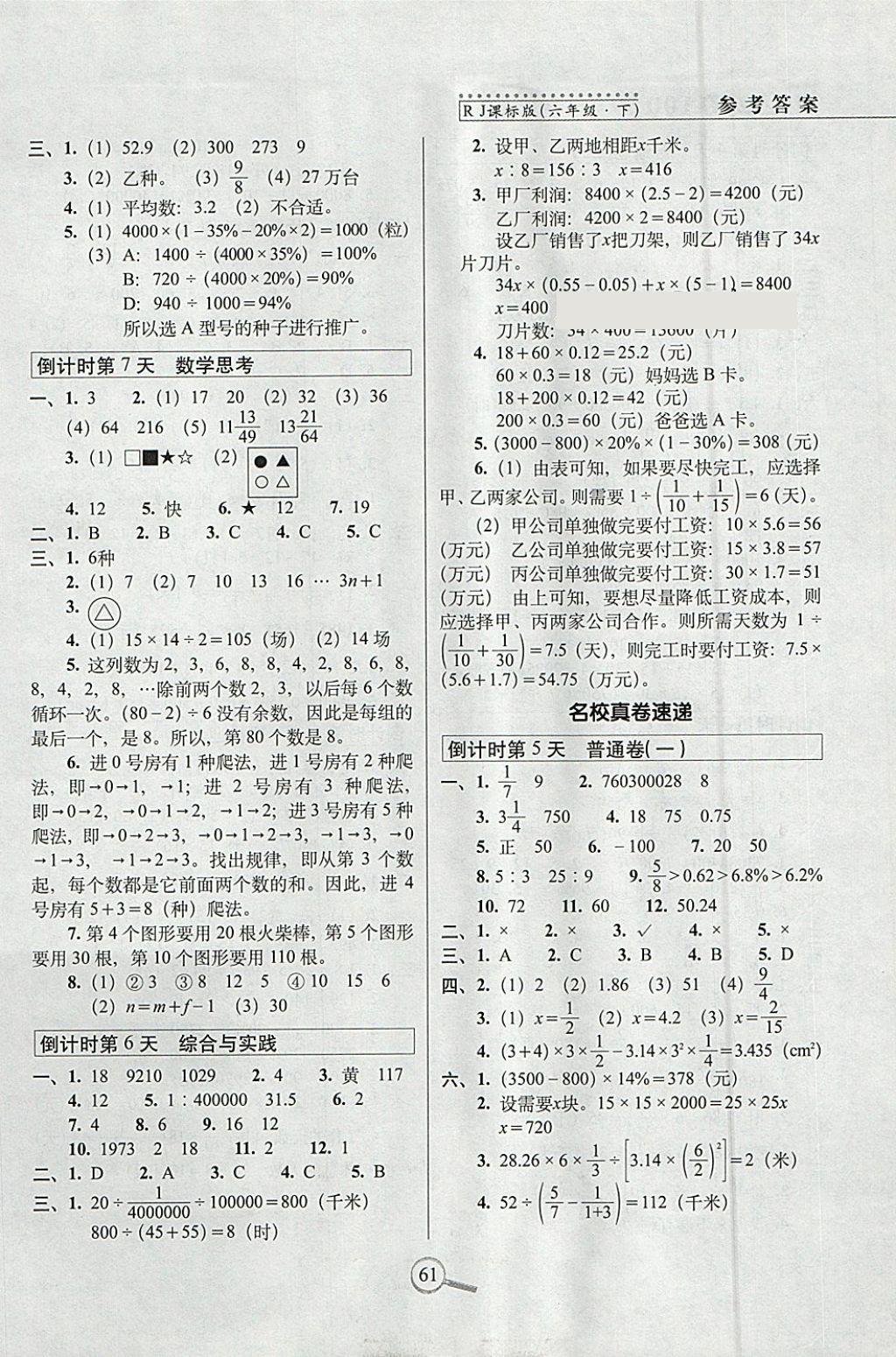 2018年15天巧夺100分六年级数学下册人教版 参考答案第3页