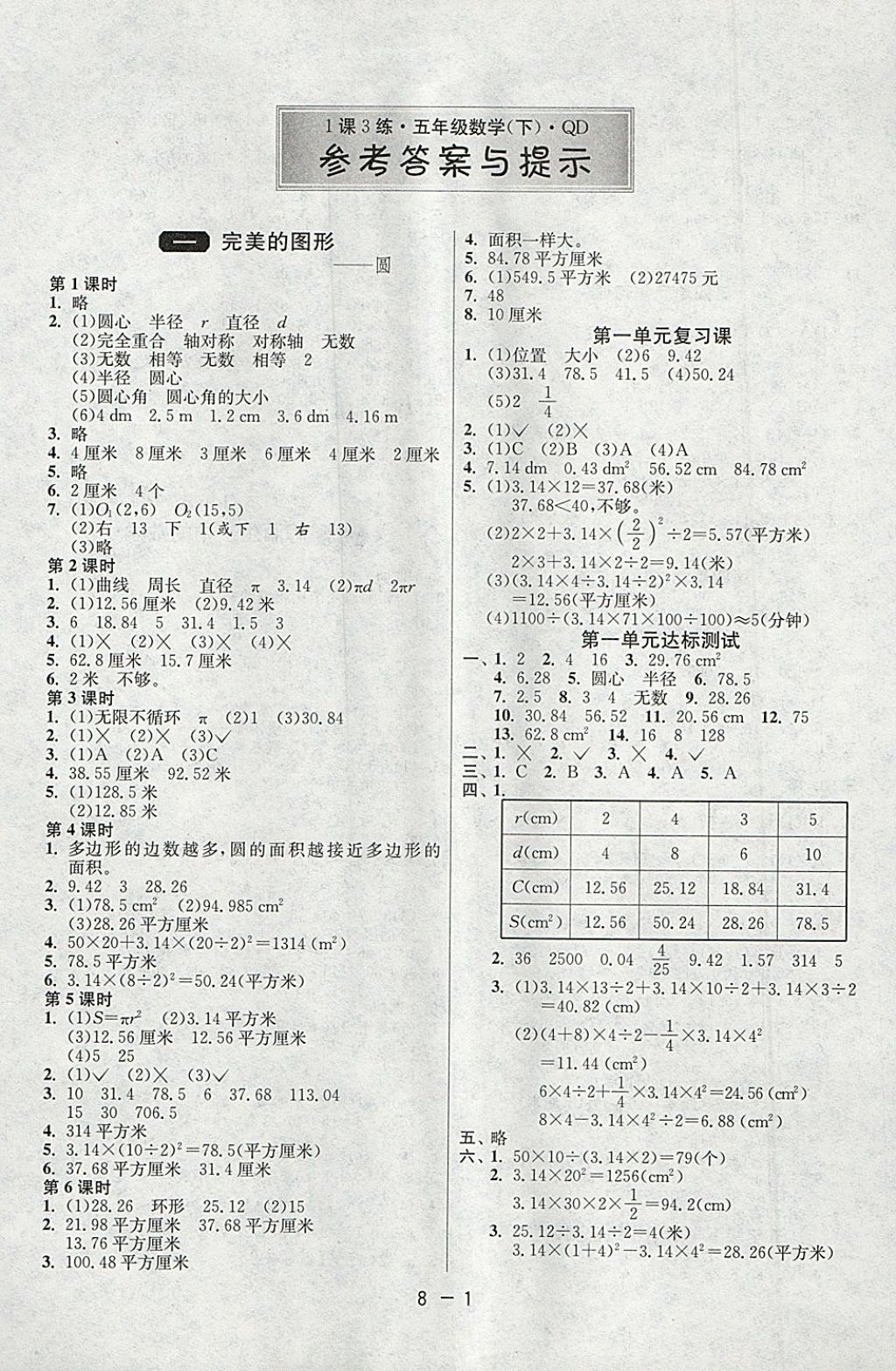 2018年1课3练单元达标测试五年级数学下册青岛版五四制 参考答案第1页