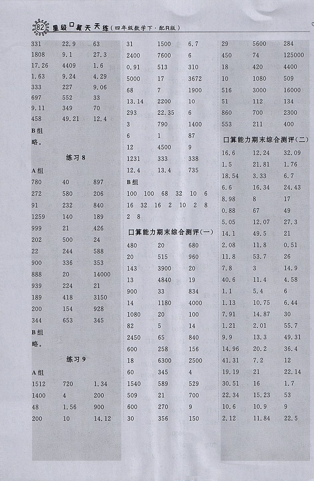 2018年星級口算天天練四年級數(shù)學(xué)下冊人教版 參考答案第14頁