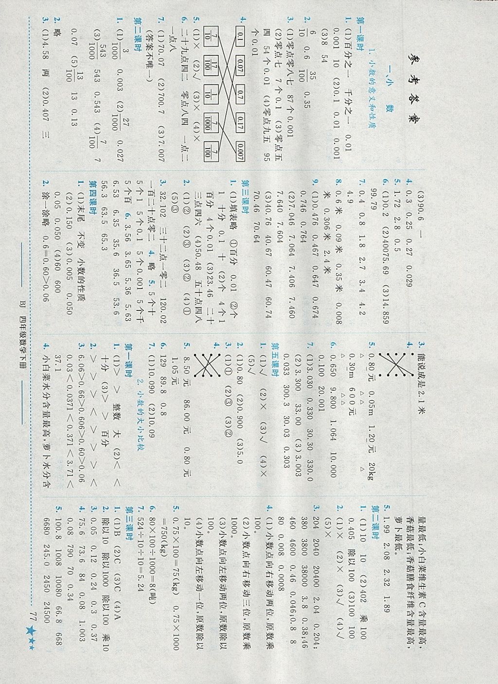 2018年黄冈小状元作业本四年级数学下册北京版 参考答案第1页